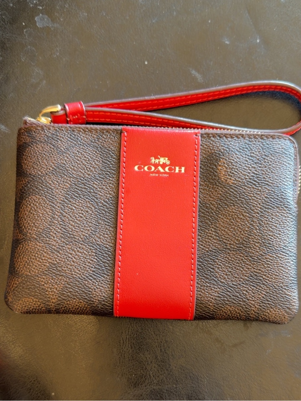 Coach Beige Leather Wristlet Clutch with Buckle Strap
